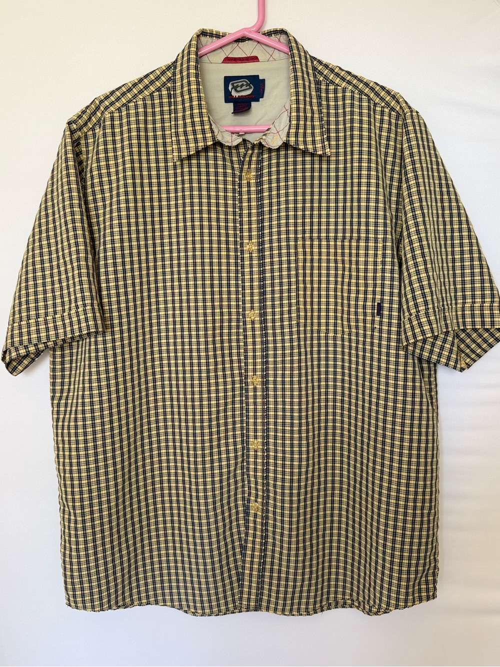 Billabong Short-Sleeve Check Button-Up Shirt Yellow/dark Navy Y2K Oversized Fit